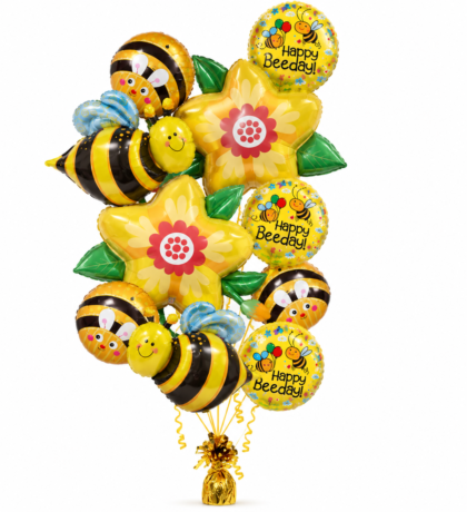 Happy Beeday Birthday Balloon Bouquet featuring smiling bumblebee Mylar balloons, yellow flower balloons and colorful bee-themed birthday balloons.