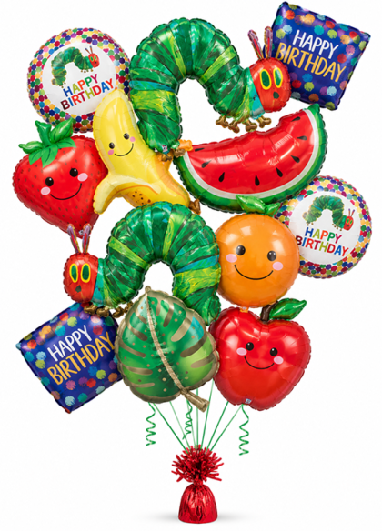 Hungry Caterpillar Birthday Balloon Bouquet featuring green caterpillar Mylar balloons, smiling fruit balloons, colorful Happy Birthday designs and a red balloon weight.