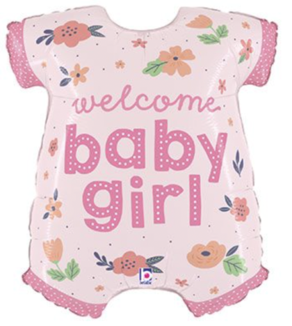 Pink baby onesie-shaped foil balloon with "Welcome Baby Girl" text and colorful floral design, perfect for baby showers, hospital visits, and newborn celebrations.