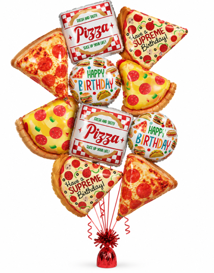 Pizza Birthday Balloon Bouquet featuring pepperoni pizza slice Mylar balloons, pizza box balloons and colorful Happy Birthday designs.