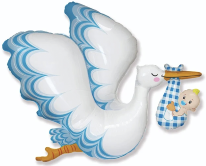 Blue Stork Baby Boy Foil Balloon for baby showers, hospital welcome baby decorations, birth announcements, and balloon bouquets.