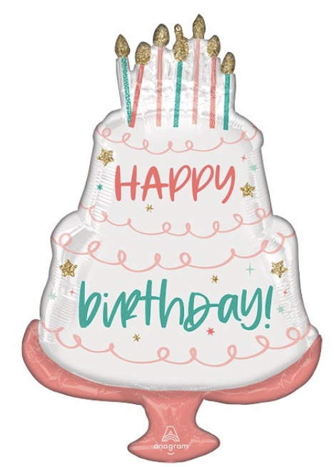 28-inch elegant Happy Birthday cake foil balloon featuring a white two-tier cake, pastel birthday candles, gold stars, and blush pink accents, professionally filled with helium.