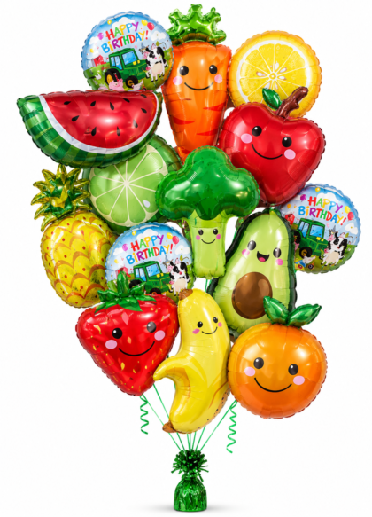 Farmers Market Birthday Balloon Bouquet featuring smiling fruit and vegetable Mylar balloons, including avocado, carrot, broccoli, strawberry, banana and pineapple.