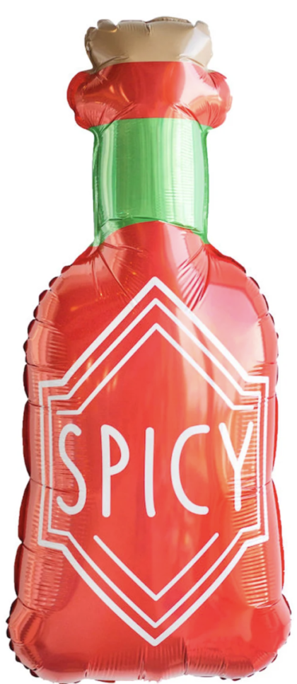 Spicy hot sauce bottle foil balloon shaped like a red hot sauce bottle with a green neck and bold white SPICY label.