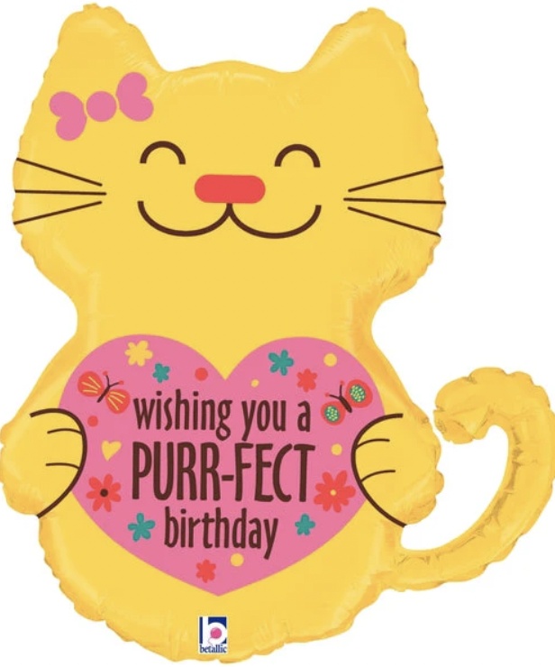 28-inch Purr-fect Birthday cat foil balloon featuring a smiling yellow kitten holding a pink heart with birthday message, professionally filled with helium.