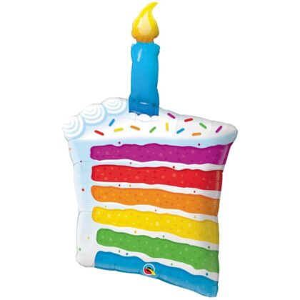 28-inch rainbow birthday cake slice foil balloon with colorful cake layers, white frosting, sprinkles, and birthday candle, professionally filled with helium.