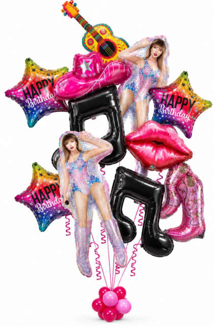 Showstopper Birthday Balloon Bouquet featuring pop star balloons, pink cowboy hat, guitar, musical notes, pink lips and colorful Happy Birthday stars.