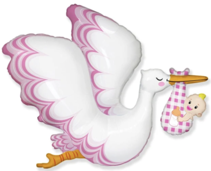 Baby Girl Stork foil balloon featuring a white stork carrying a newborn baby girl in a pink gingham bundle, perfect for baby showers and hospital celebrations.