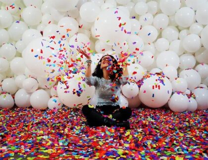 White Balloon Wall W/Confetti Burst