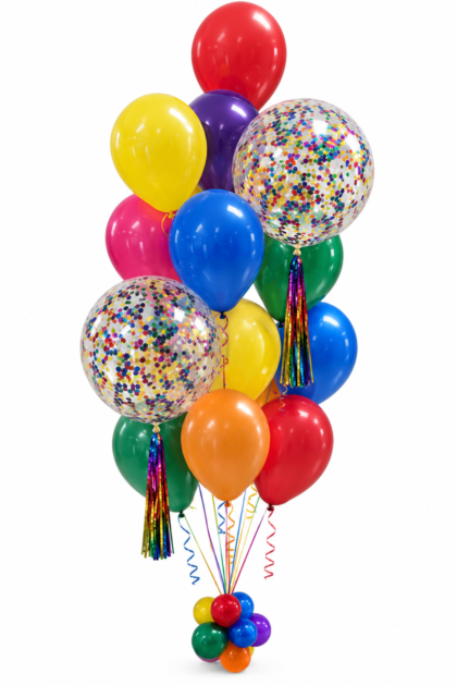 Colorful confetti balloon bouquet featuring rainbow latex balloons, clear confetti balloons and multicolor tassels.