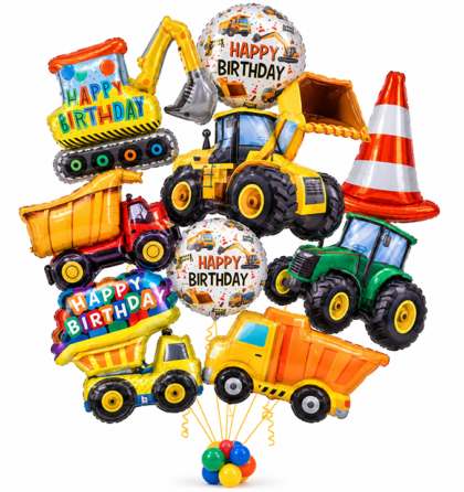 Construction Birthday Balloon Bouquet featuring excavators, bulldozers, dump trucks, a green tractor, traffic cone and colorful Happy Birthday Mylar balloons.