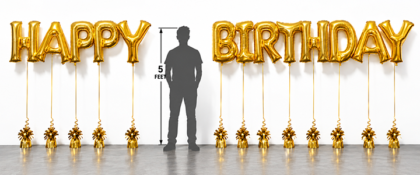 40-inch gold Happy Birthday Mylar letter balloons displayed with individual weights and a 5-foot person silhouette for height comparison.