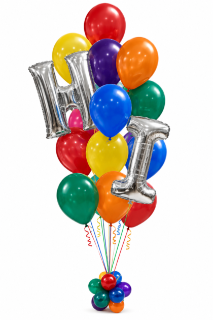 Colorful HI balloon bouquet featuring 13 helium-filled latex balloons and two large silver foil letter balloons with a matching balloon base.
