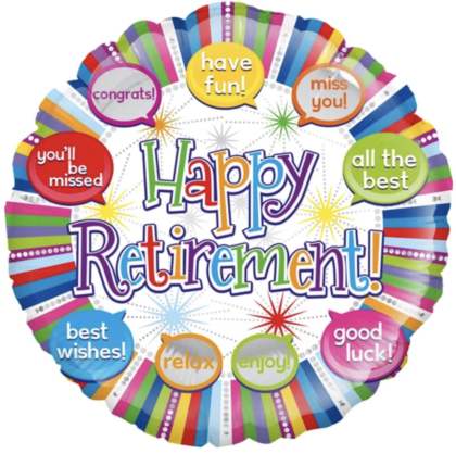 Helium-filled Happy Retirement foil balloon featuring colorful rainbow stripes and celebratory messages, perfect for retirement parties, office farewells, and retirement gifts.