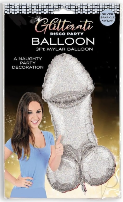 Oversized silver glitter novelty foil balloon, professionally filled with helium, perfect for bachelorette parties, bridal showers, and adult celebrations.