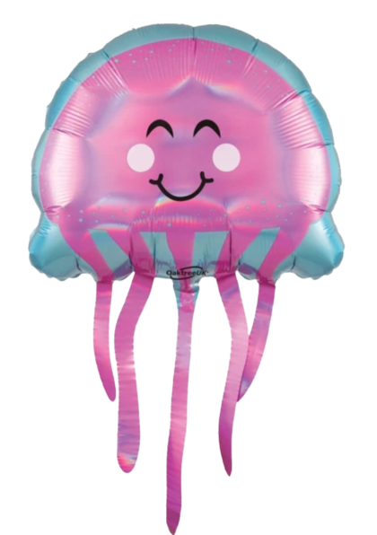 Cute smiling pink jellyfish foil balloon with iridescent colors and flowing tentacles, perfect for under the sea parties, mermaid birthdays, and ocean-themed celebrations.