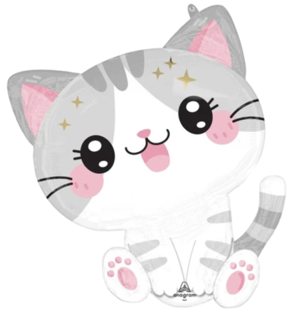 Cute gray and white kawaii kitty foil balloon with rosy cheeks, sparkling eyes, and pink paw pads, perfect for birthdays, cat-themed parties, and pet celebrations.
