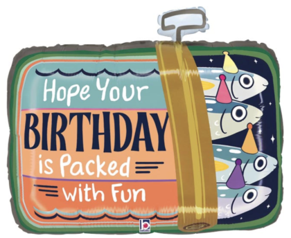 Sardine can foil balloon with party hat-wearing sardines and the message "Hope Your Birthday Is Packed with Fun," perfect for funny birthday celebrations.