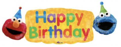 Happy Birthday foil balloon featuring colorful birthday lettering and two fuzzy party characters wearing birthday hats, perfect for children's birthday celebrations.