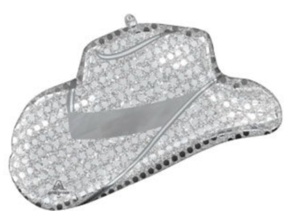 Silver glitter cowgirl hat foil balloon with a sparkling rhinestone-inspired design, perfect for Western parties, rodeos, Nashville celebrations, and birthdays.