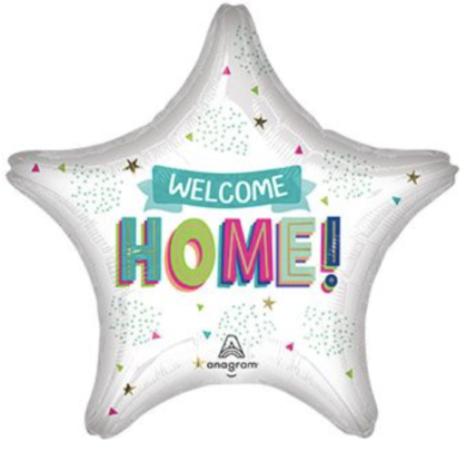 White star-shaped Welcome Home foil balloon with colorful lettering and confetti accents, perfect for housewarming parties, military homecomings, and family celebrations.