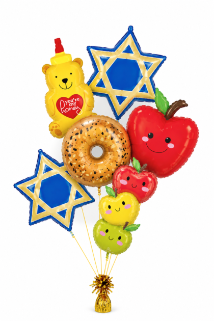 Rosh Hashanah Balloon Bouquet with apples, honey, bagel and Star of David balloons