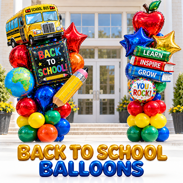 Back to school balloons in NYC featuring school bus, apple, books, pencil and globe balloons