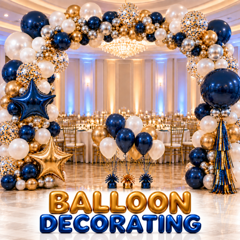 Professional balloon decorating in NYC with navy gold and white balloon arch and bouquets