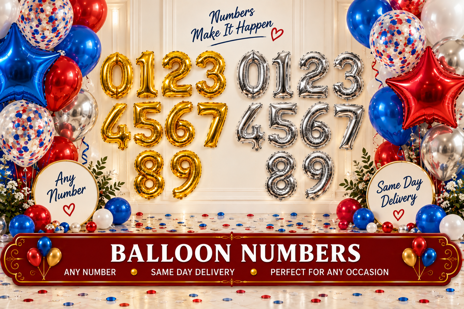 Gold and silver balloon numbers with same day balloon delivery in NYC