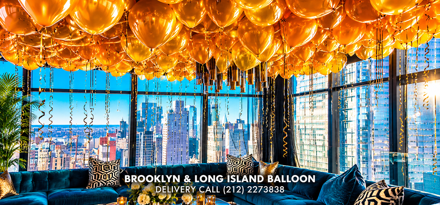 Gold ceiling balloons decorating a luxury New York City event space by Balloon Saloon