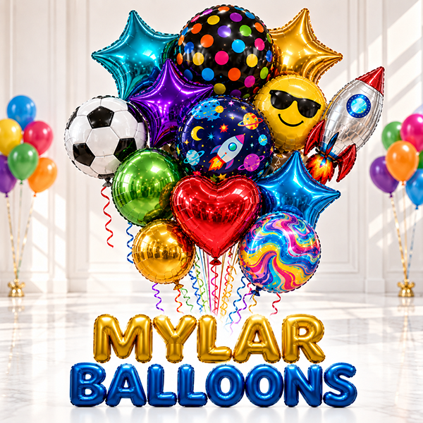 Colorful Mylar balloons in NYC featuring stars, soccer ball, rocket, heart and specialty designs