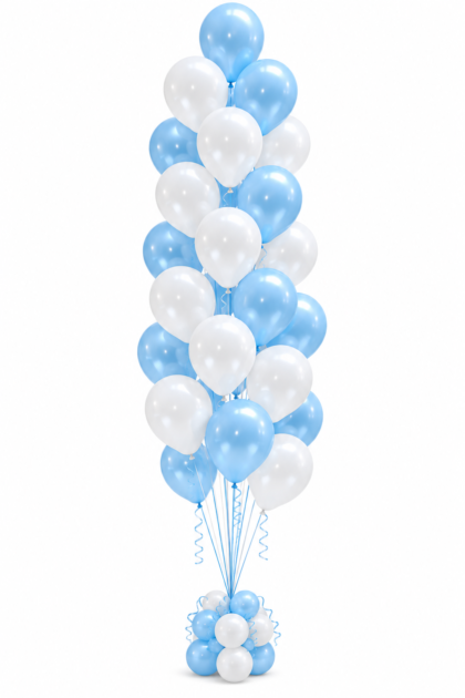 Baby Boy 25 Balloon Tree featuring 25 light blue and white helium-filled latex balloons with a coordinating decorative balloon base.