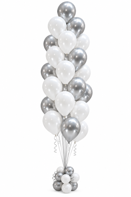White and silver 25 balloon tree featuring helium-filled latex balloons with a coordinating decorative base.