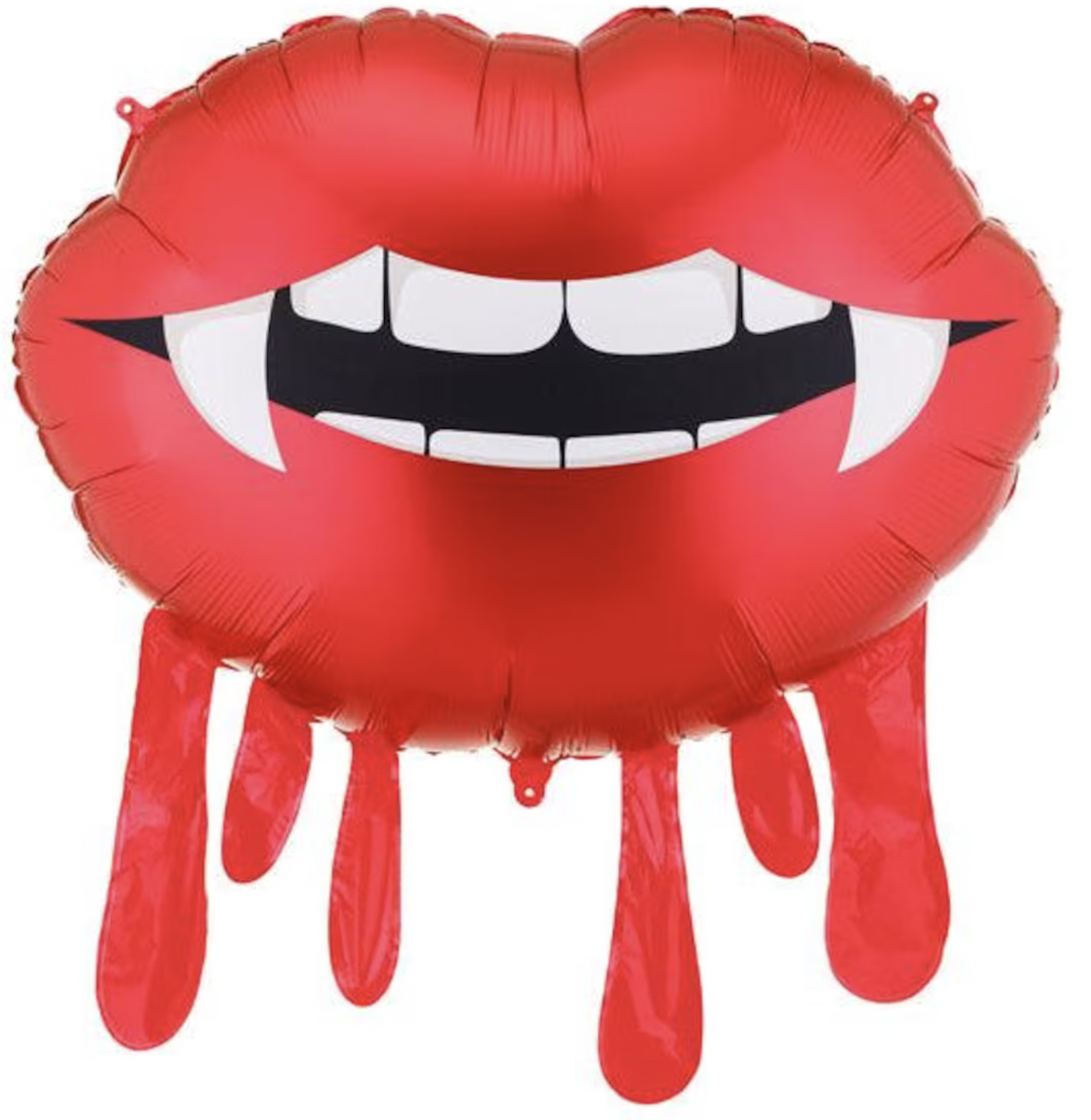 30-inch red vampire lips Mylar balloon featuring white vampire fangs, black mouth and dripping blood design for Halloween.
