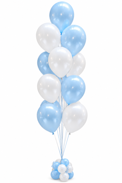 Baby Boy 13 Balloon Tree featuring light blue and white helium-filled latex balloons with matching decorative balloon base