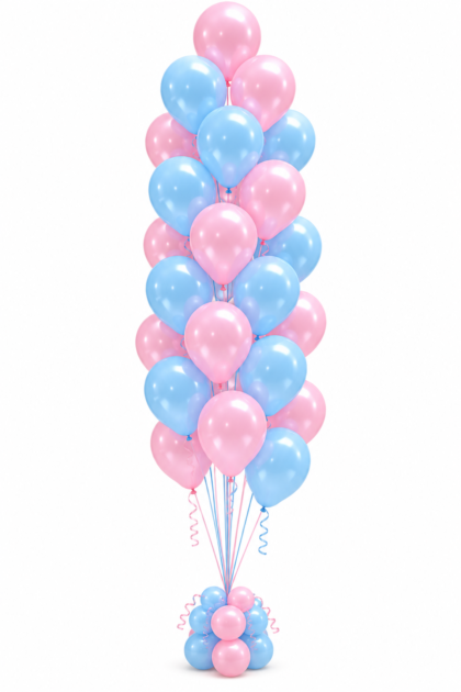 Pink and blue 25 balloon tree featuring pastel helium-filled latex balloons with coordinating ribbons and decorative balloon base.