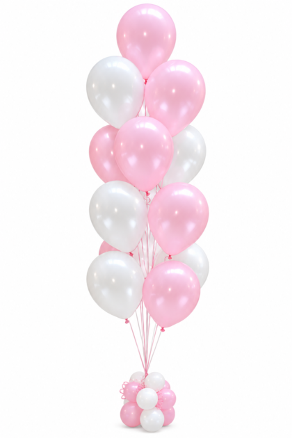 Pink and White Balloon Bouquet with 13 helium-filled latex balloons, standing 6 to 7 feet tall