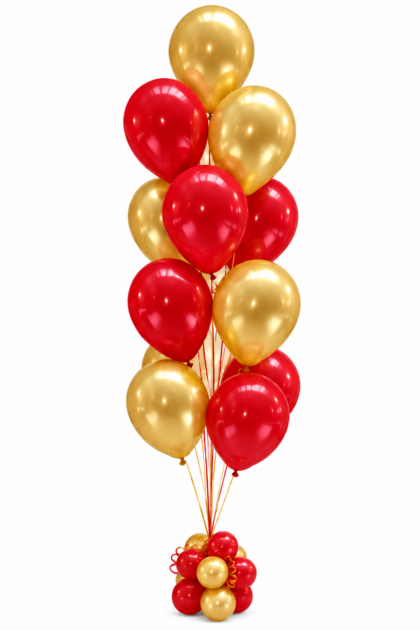 Red and Gold 13 Balloon Tree with helium-filled red and metallic gold latex balloons and matching decorative base