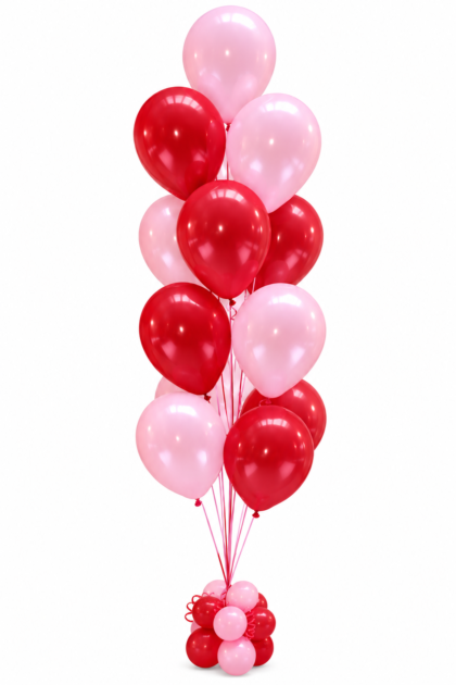 Red and pink latex balloon tree bouquet with 13 helium balloons and matching balloon base, available for delivery in Manhattan, Brooklyn, and Long Island.