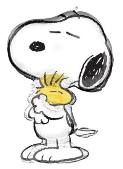 Snoopy hugging Woodstock in a classic Peanuts cartoon design featuring the beloved white beagle and yellow bird.