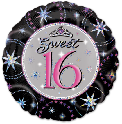 18-inch Sweet 16 Mylar balloon featuring pink number 16, silver background, black border, sparkling stars and a princess tiara.