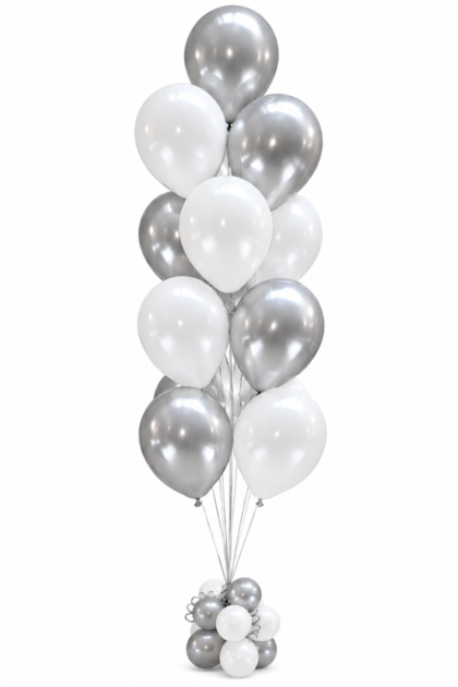Elegant white and silver balloon tree featuring 13 helium-filled latex balloons with a matching balloon base, available for NYC and Long Island delivery.